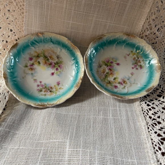Antique Bavaria Style Floral Plates Aqua Gold Rim Set of 2 Victorian Porcelain - Picture 6 of 9